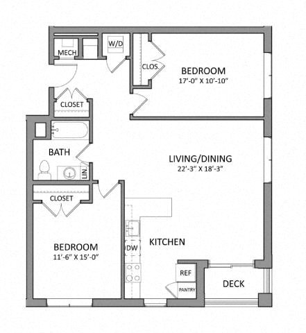 Floor plan for 2 beds, 1 bath, 965 sqft